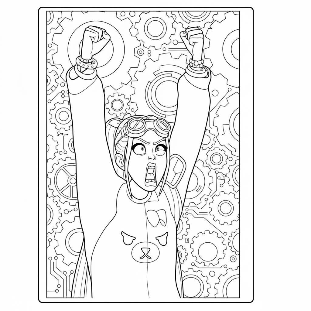Imagem para colorir de Mira das Caçadoras de Demônios K-Pop com engrenagens ao fundo.
