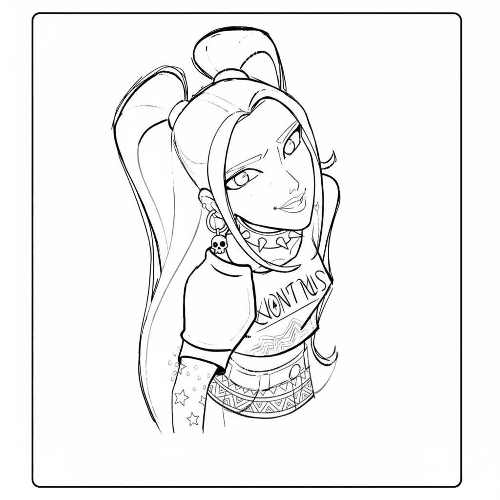 Desenho para colorir da Mira com estilo punk e cabelo preso.