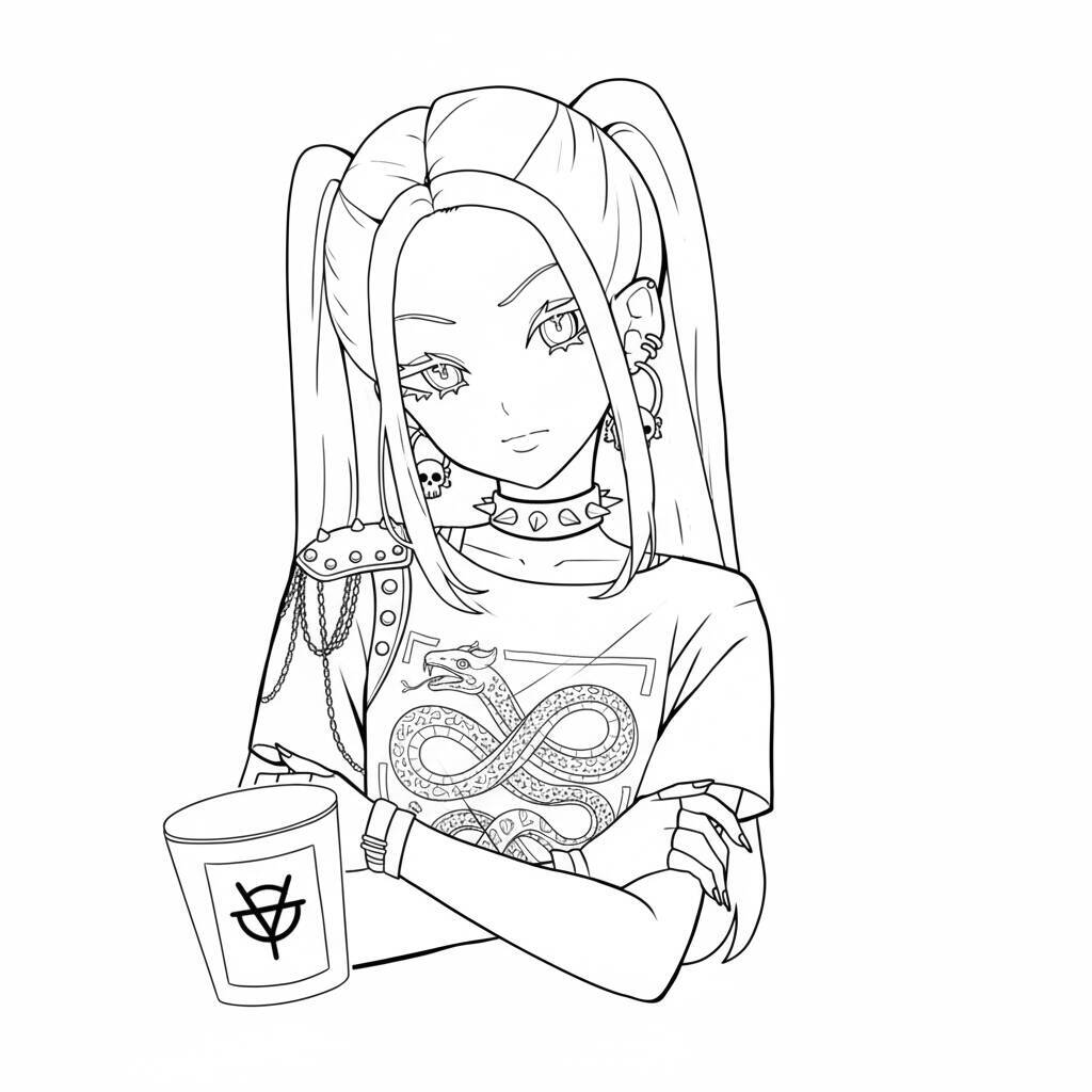 Desenho para colorir de Mira das Caçadoras de Demônios K-Pop com estilo punk.
