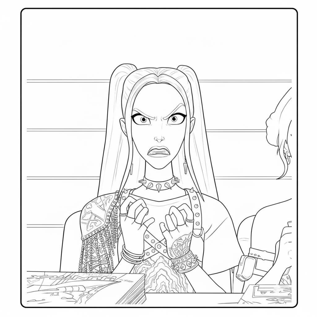 Desenho para colorir de Mira, uma Caçadora de Demônios K-Pop, com expressão determinada.