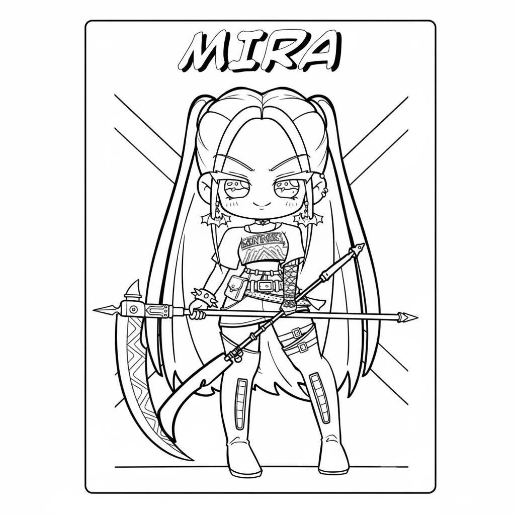 Imagem para colorir de Mira, personagem de Caçadoras de Demônios K-Pop, segurando uma foice.