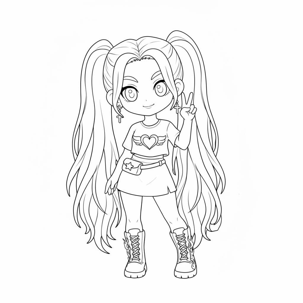 Desenho para colorir de Mira das Caçadoras de Demônios K-Pop com penteado duplo e vestido estiloso.