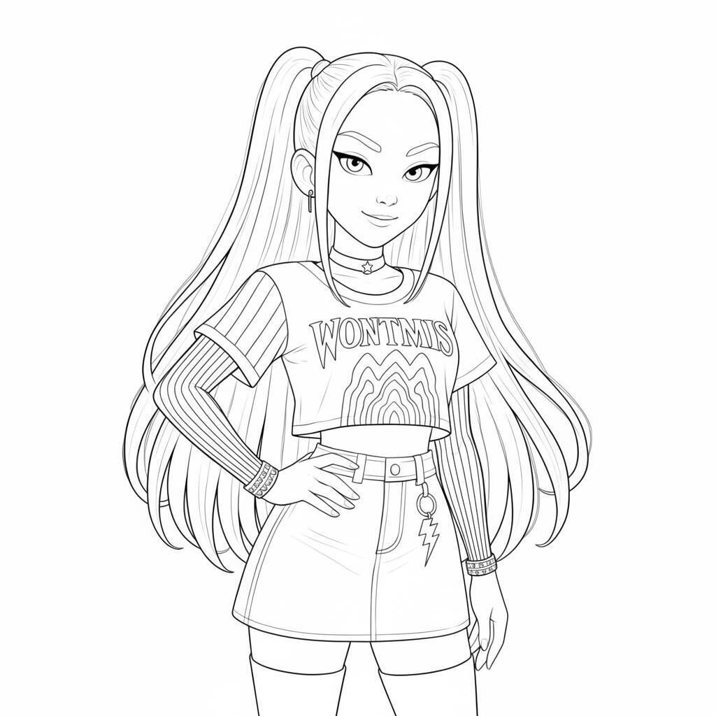 Imagem para colorir de Mira das Caçadoras de Demônios K-Pop com roupa estilosa.