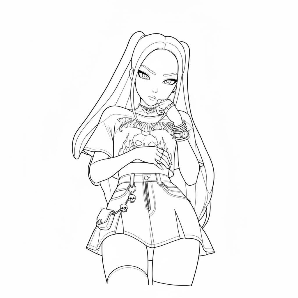 Imagem para colorir da personagem Mira das Caçadoras de Demônios K-Pop em roupa estilosa.