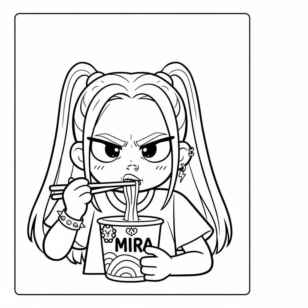 Imagem para colorir de Mira das Caçadoras de Demônios K-Pop comendo macarrão.