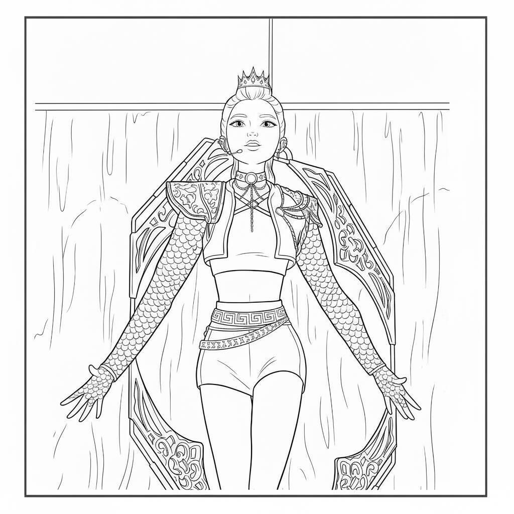 Imagem para colorir da Rumi das Caçadoras de Demônios K-Pop em traje de batalha.