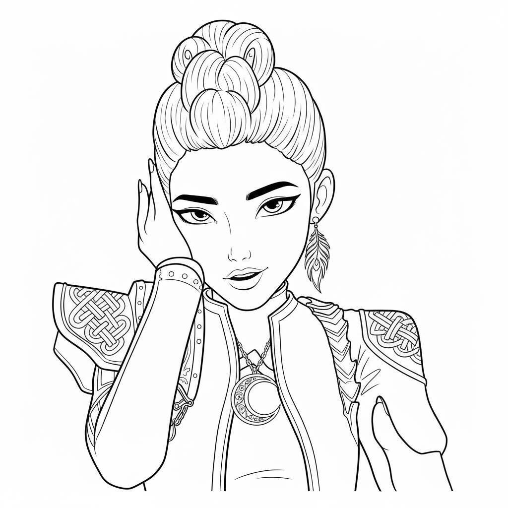 Imagem para colorir de Rumi das Caçadoras de Demônios K-Pop em traje tradicional.