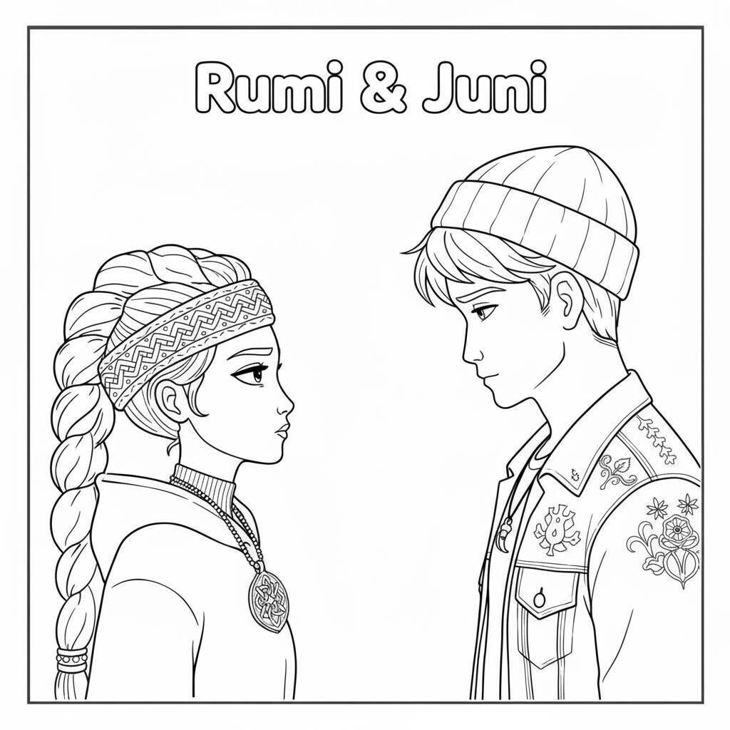 Imagem para colorir de Rumi e Juni da série Caçadoras de Demônios K-Pop, olhando um para o outro.
