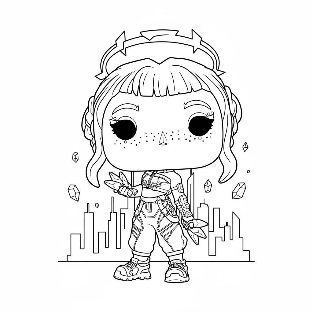 Desenho para colorir da Zoey, uma guerreira do K-Pop, segurando cristais em um cenário urbano.