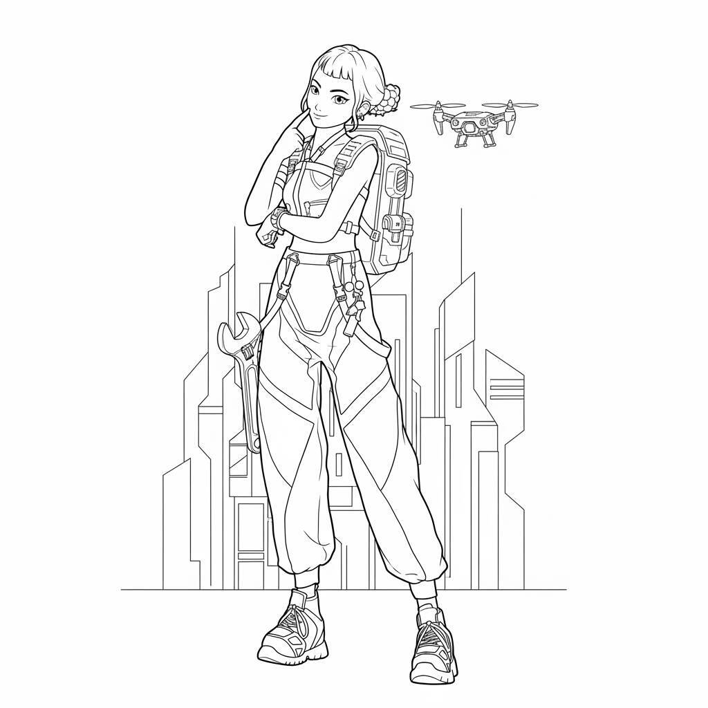 Desenho para colorir da Zoey, uma guerreira do K-Pop, com um drone e uma cidade futurista ao fundo.