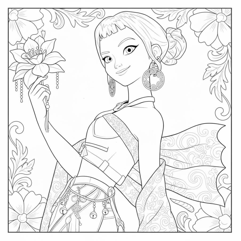 Desenho da Zoey segurando uma flor, ideal para colorir.
