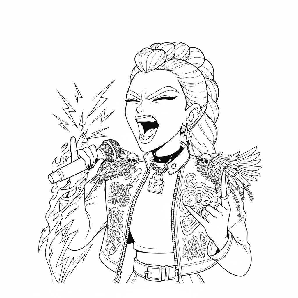 Desenho de uma guerreira do K-Pop cantando com um microfone