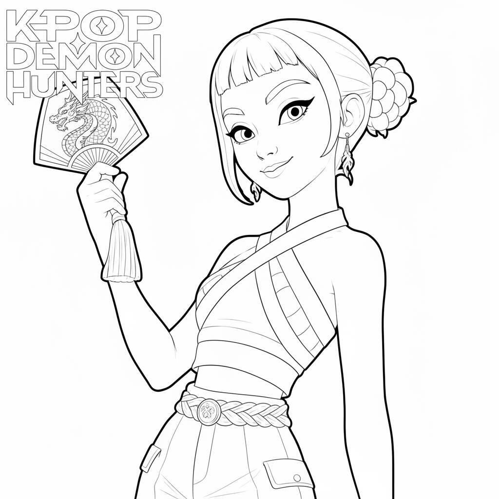 Desenho para colorir de uma guerreira do K-Pop segurando um leque