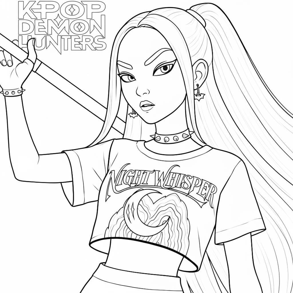 Desenho para colorir de uma guerreira do K-Pop com uma espada