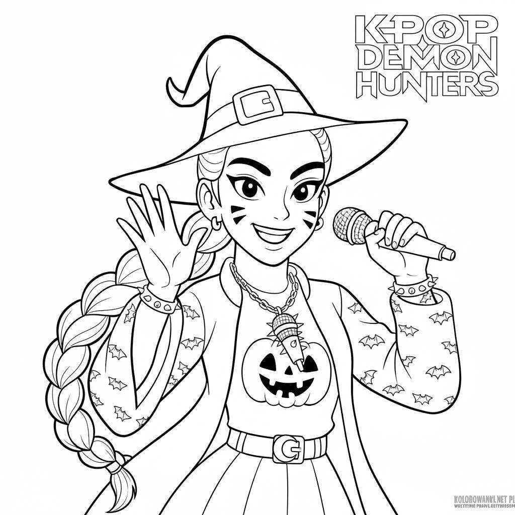 Desenho para colorir de uma guerreira do K-Pop com um microfone e fantasia de Halloween