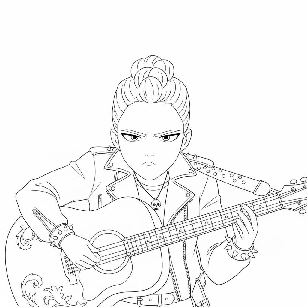 Desenho em preto e branco de uma guerreira do K-Pop tocando guitarra