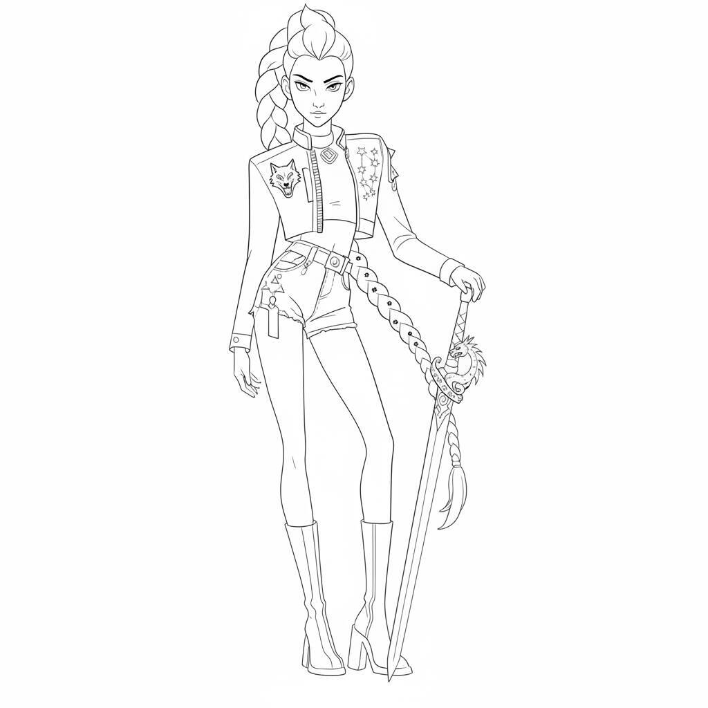 Desenho para colorir de uma guerreira do K-Pop segurando uma espada