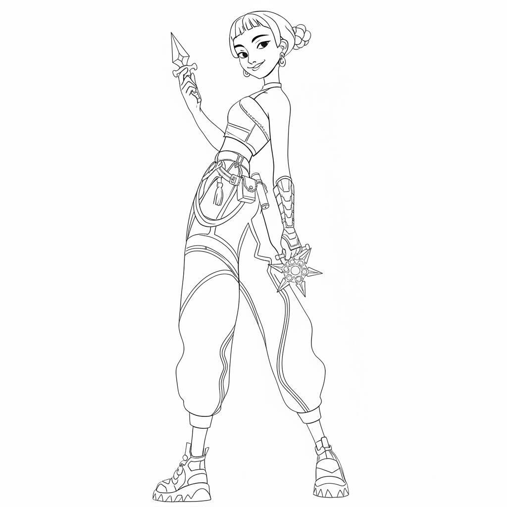 Desenho de uma guerreira do K-Pop segurando uma lâmina brilhante, pronta para colorir.