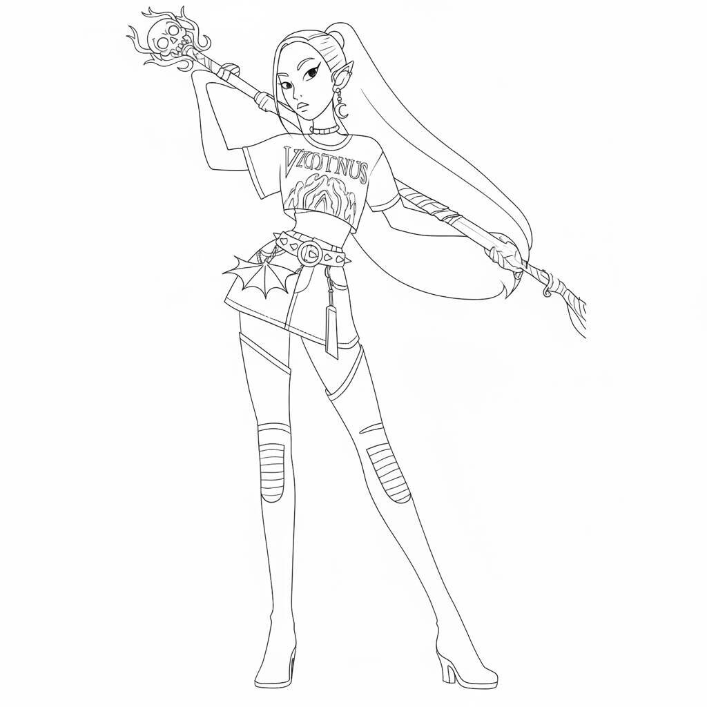 Desenho de uma guerreira do K-Pop segurando uma varinha mágica, pronta para colorir.