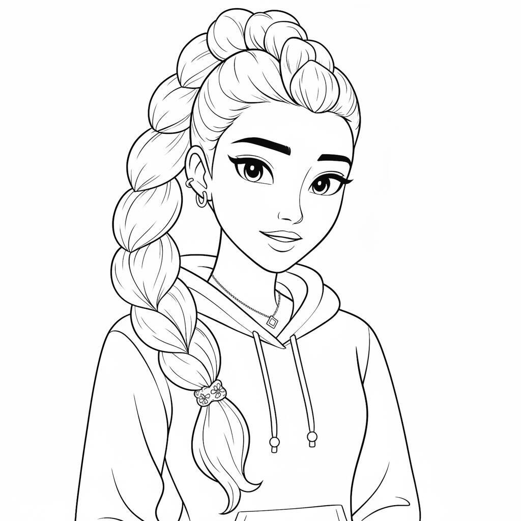 Desenho para colorir de uma guerreira do K-Pop com cabelo trançado e estilo moderno
