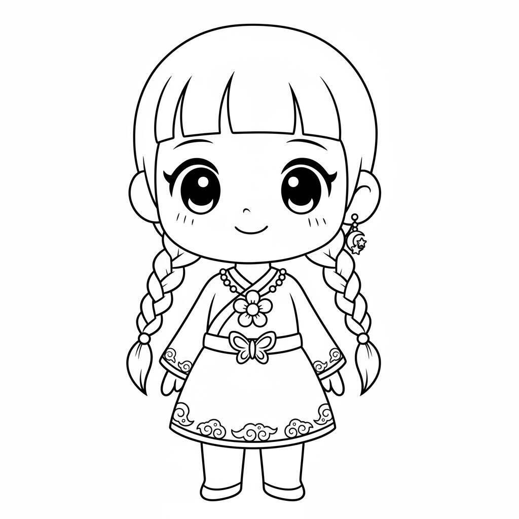 Desenho para colorir de uma menina com tranças vestindo um traje tradicional