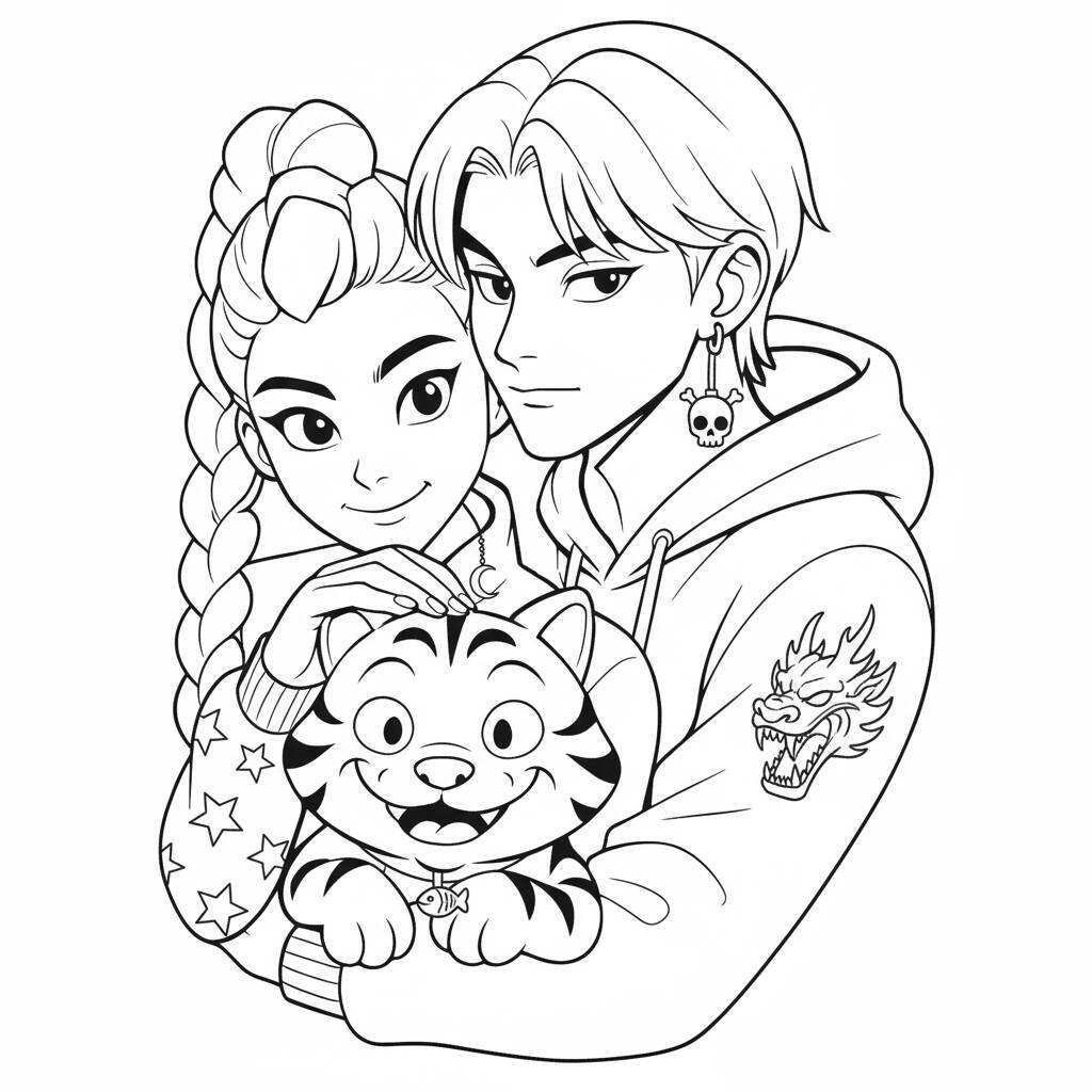 Desenho para colorir de uma guerreira do K-Pop com um tigre e um guerreiro.