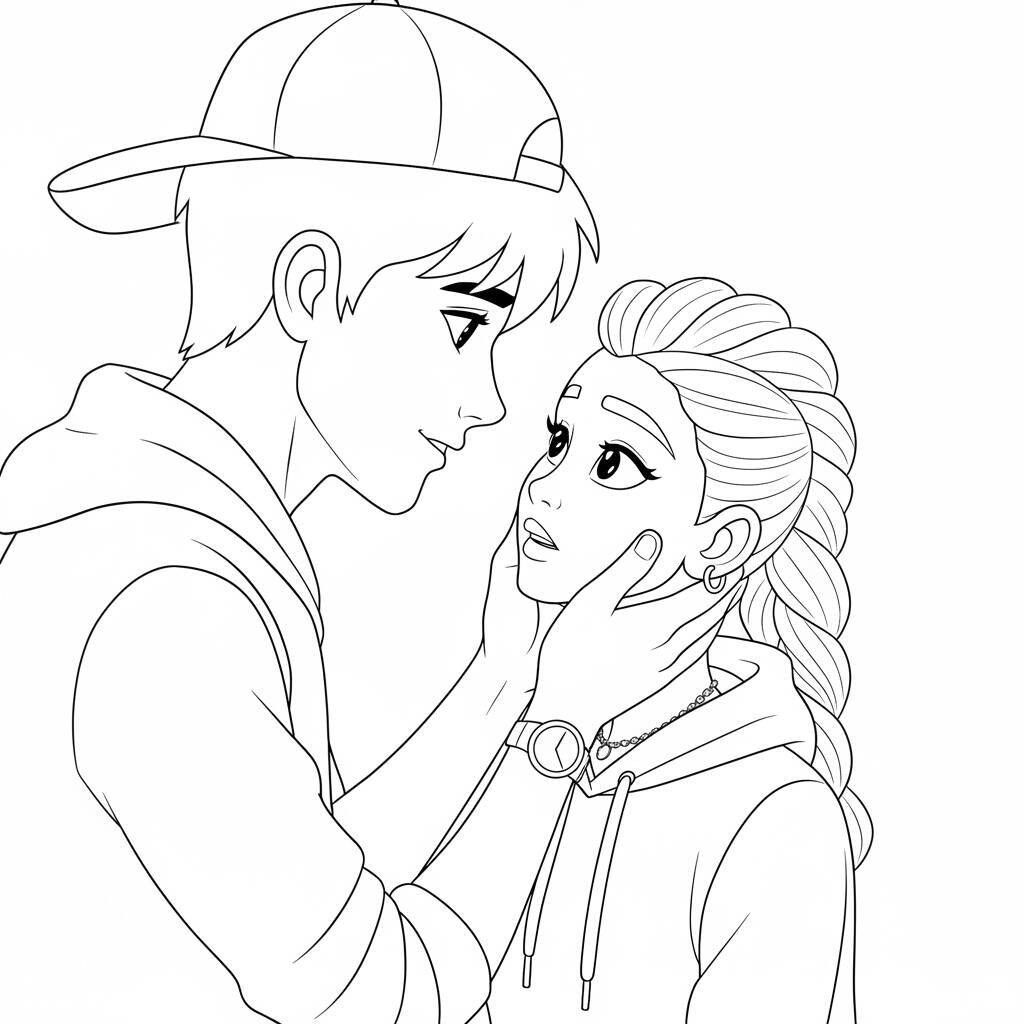 Desenho para colorir de personagens do K-Pop expressando amizade e emoção