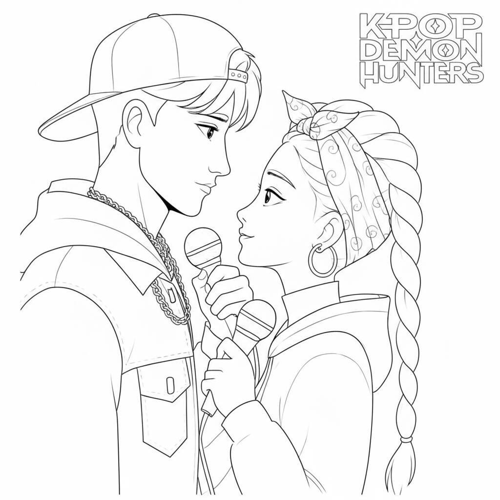 Desenho para colorir de uma dupla de cantores do K-Pop se encarando com microfones