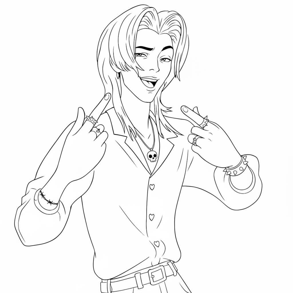 Desenho para colorir de uma guerreira do K-Pop com estilo rock