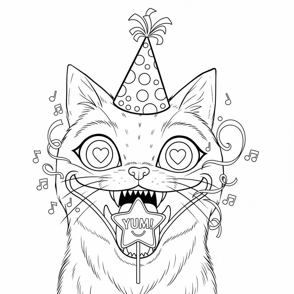 Desenho de uma guerreira do K-Pop com um gato festivo usando um chapéu de aniversário