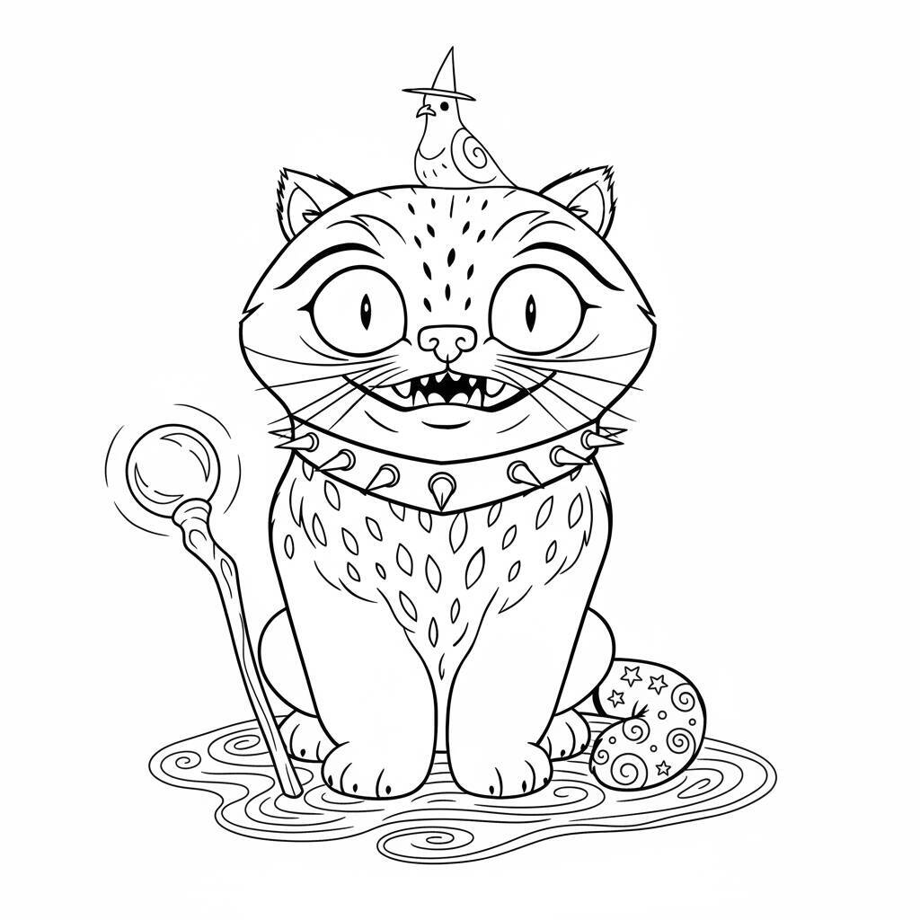 Desenho de uma guerreira do K-Pop com um gato mágico e um pássaro, pronto para colorir.