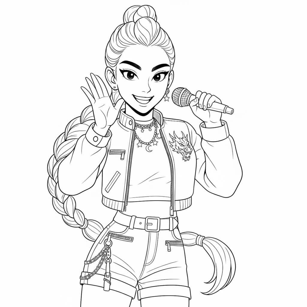 Desenho de uma guerreira do K-Pop segurando um microfone, pronta para se apresentar.