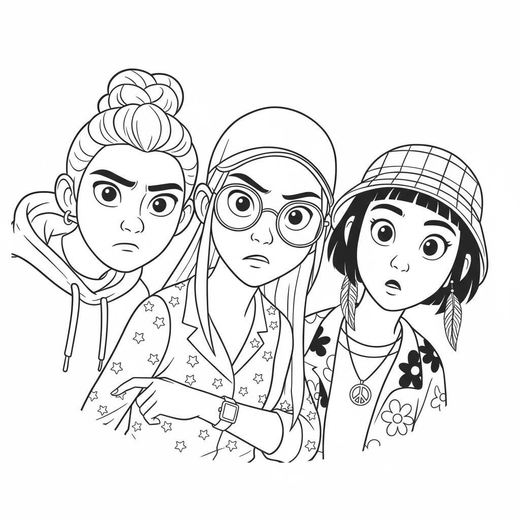 Desenho para colorir das Guerreiras do K-Pop com Mira, Rumi e Zoey