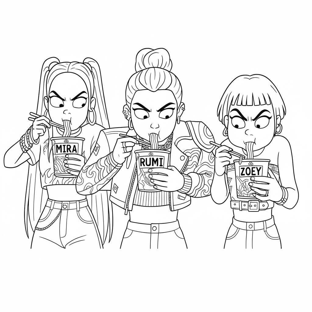 Desenho para colorir das Guerreiras do K-Pop Mira, Rumi e Zoey comendo lamen