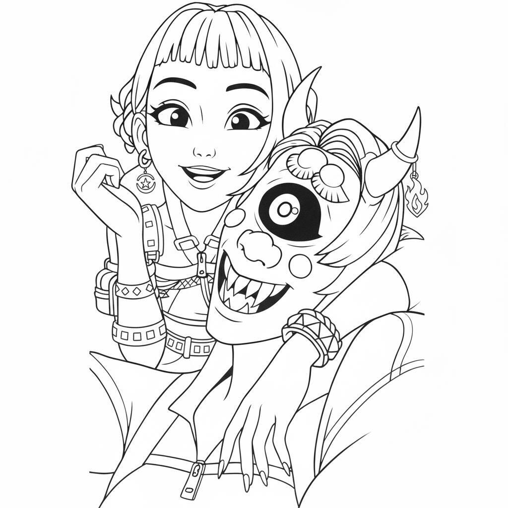 Desenho para colorir de guerreiras do K-Pop com personagens criativos