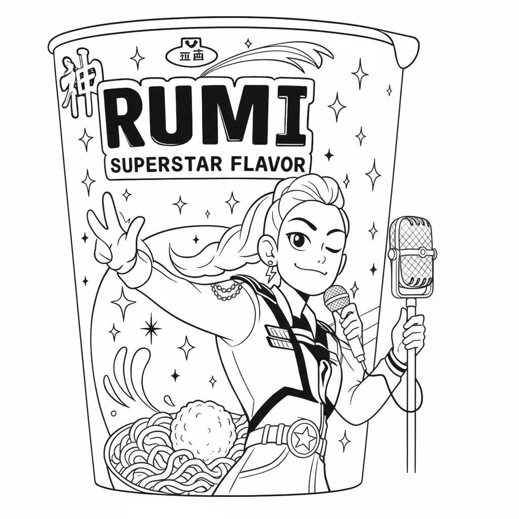 Desenho para colorir da guerreira do K-Pop Rumi com lata de macarrão