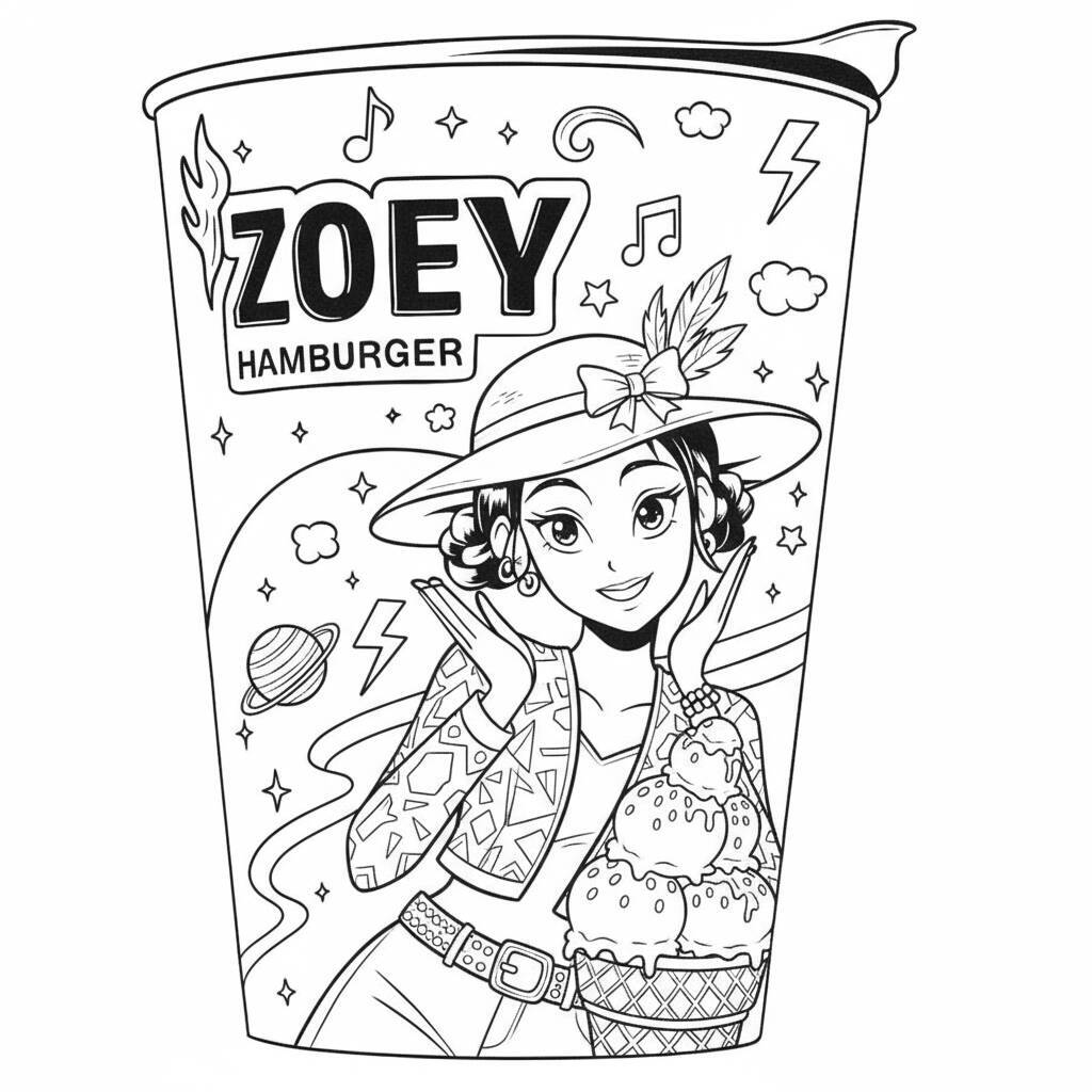 Desenho para colorir da guerreira do K-Pop Zoey com hambúrguer