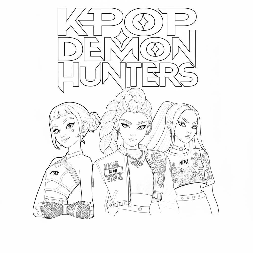 Desenho para colorir das Guerreiras do K-Pop, incluindo Zoey, Rumi e Mira.