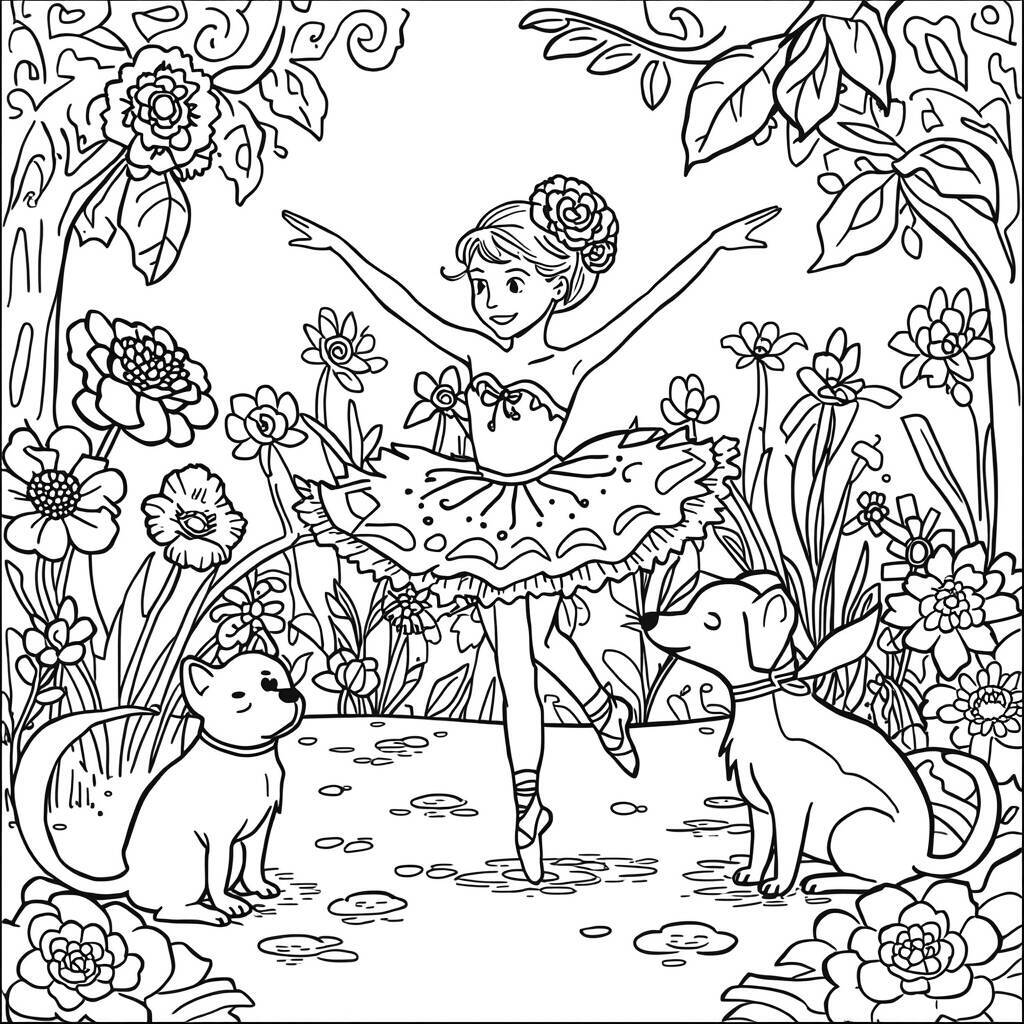 Desenho de uma bailarina dançando entre flores e animais para colorir.