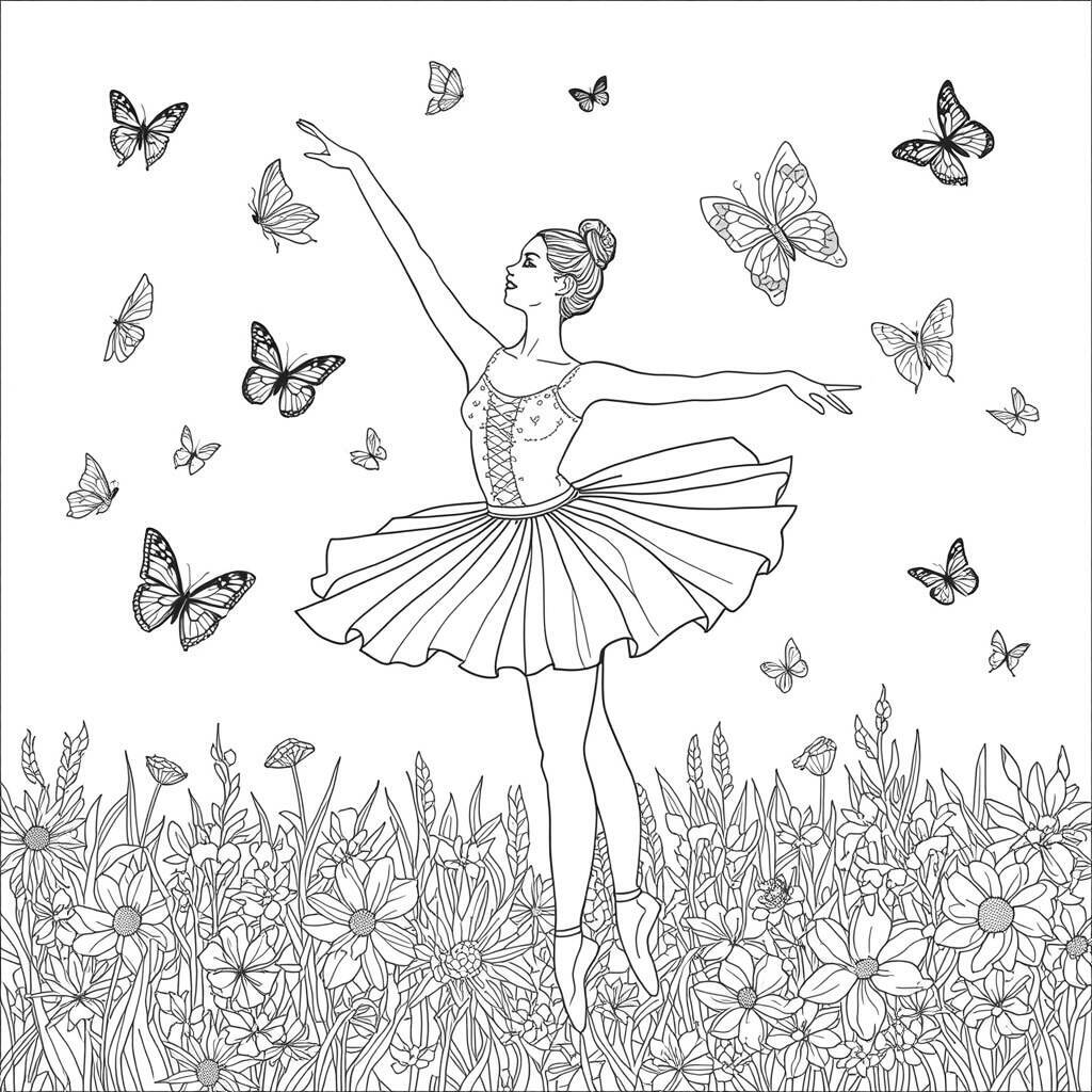 Bailarina em um tutu dançando rodeada de borboletas e flores.
