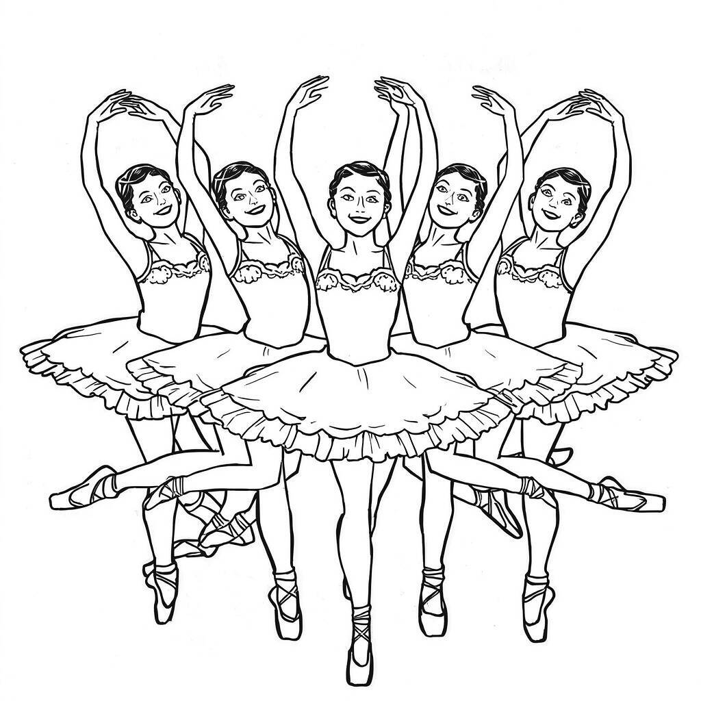 Desenho de várias bailarinas em tutus prontos para colorir.