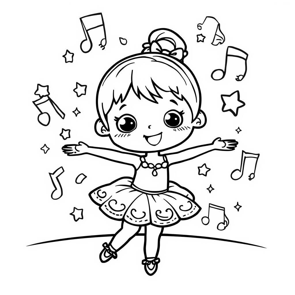 Desenho de uma bailarina sorridente rodeada por notas musicais e estrelas.