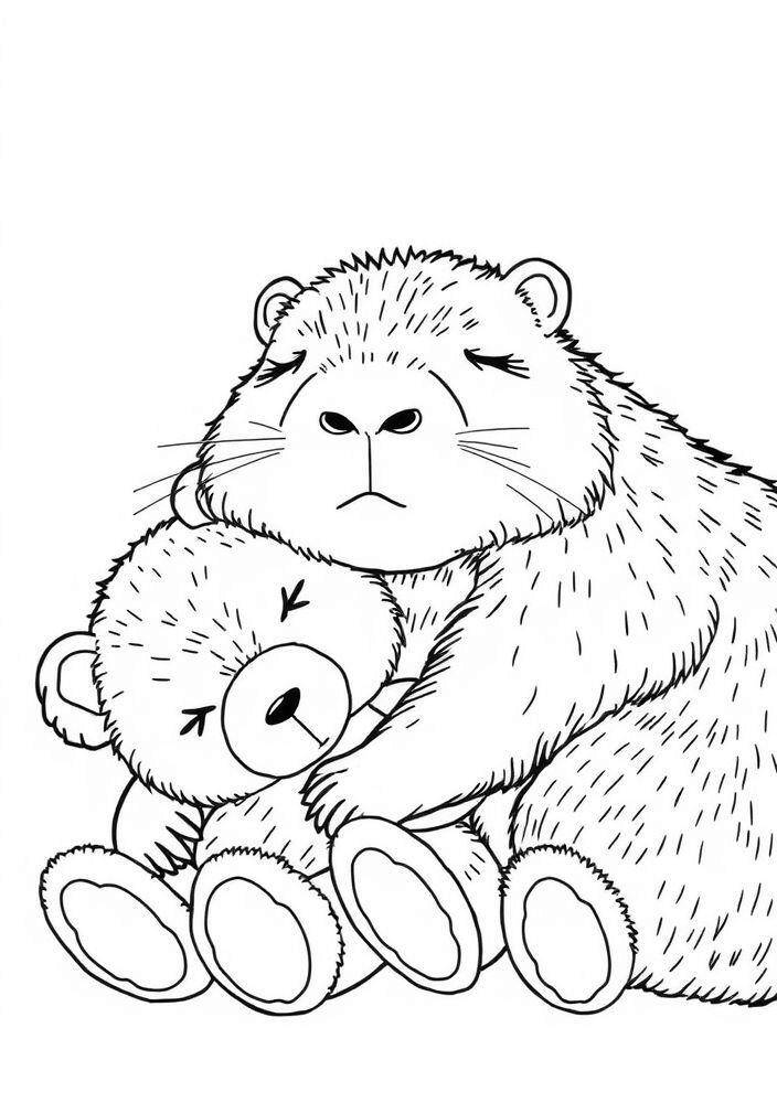 Imagem de uma capivara abraçando um urso de pelúcia para colorir.