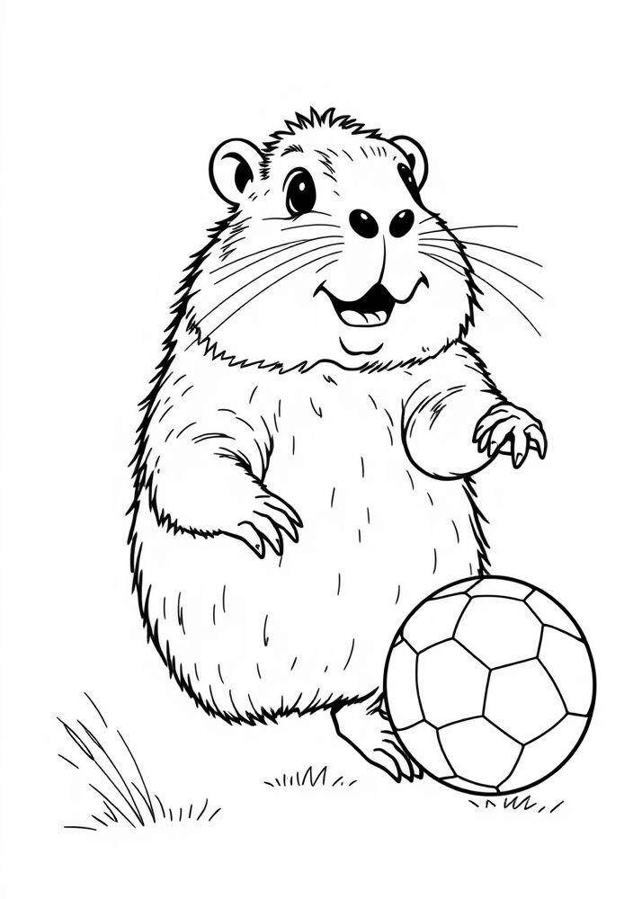 Desenho de uma capivara sorridente brincando com uma bola para colorir.
