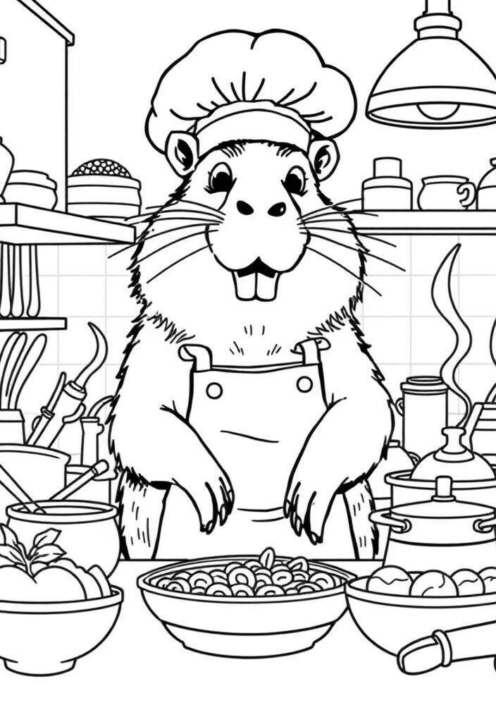 Capivara vestida de chef em uma cozinha com panelas e ingredientes.