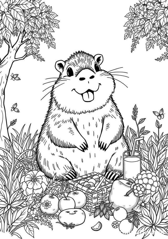 Imagem de uma capivara sorridente cercada por frutas e vegetação para colorir