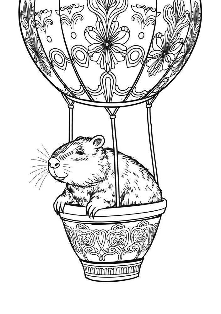 Imagem de uma capivara em um balão de ar quente para colorir.