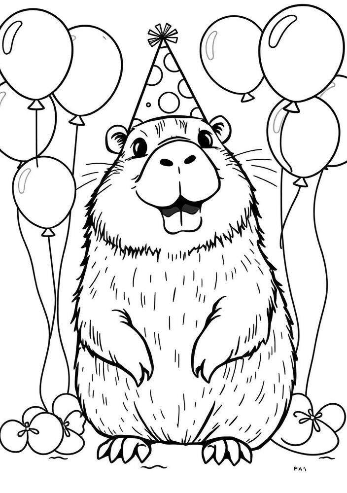 Desenho de uma capivara usando chapéu de festa cercada por balões para colorir.