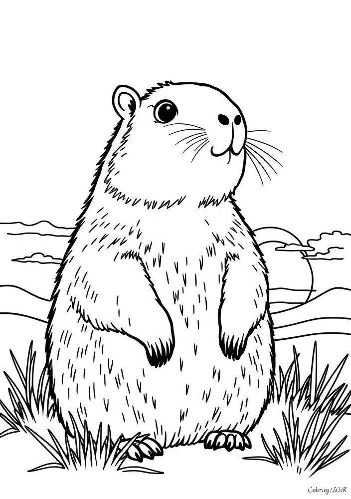 Imagem de uma capivara em pé em um campo para colorir