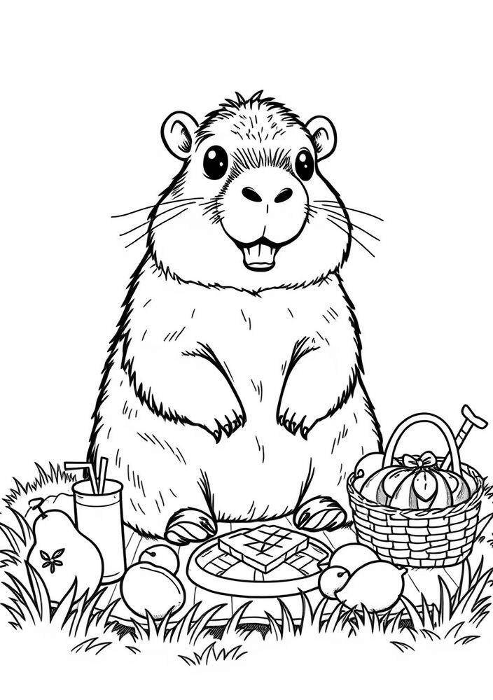 Imagem de uma capivara em um piquenique com cesta e frutas para colorir